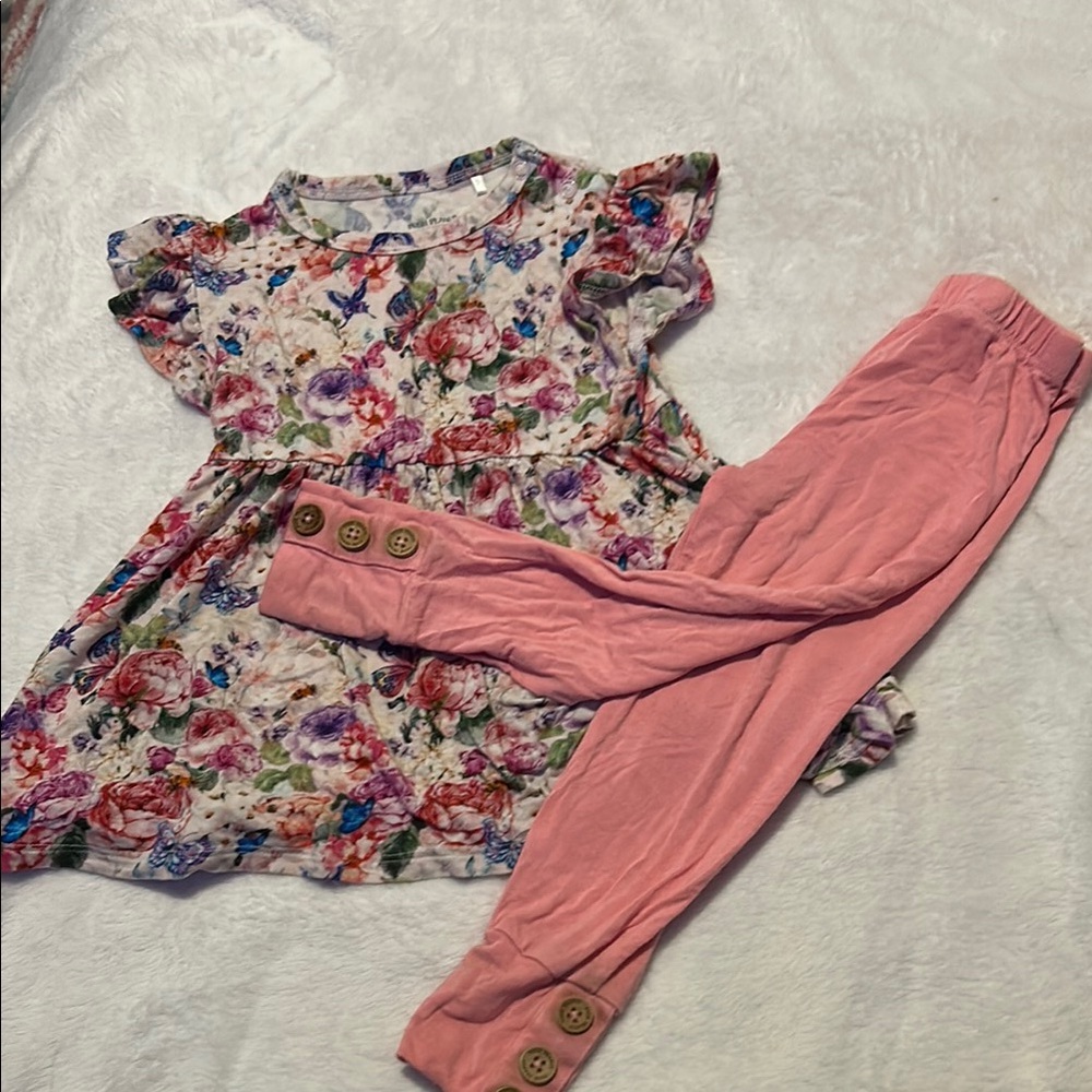 Posh Peanut 2T Ruffle Sleeve Peplum Top with Pink Leggings Pink Floral